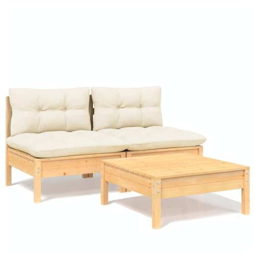 Qnhdfrt 3-TLG. Garten-Lounge-Set aus massivem Kiefernholz, Modulare Sitzgruppe für Terrasse und Garten, inkl. Polster in Cremeweiß, Sofa und Hocker/Tisch Kombination
