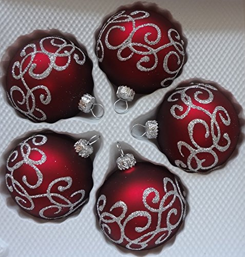 Matte dunkelrote Weihnachtskugeln aus Glas mit silbern glitzernden Applikationen Durchmesser 6 cm 5er Set