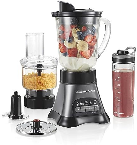 Hamilton Beach Wave Crusher Blender with 40oz Jar, 3-Cup Vegetable Chopper, and Portable Blend-in Travel Container for Shakes and Smoothies, Grey & Black (58163)