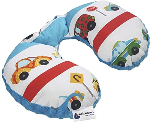 Medi Partners NACKENKISSEN Kinder Nacken Nackenstütze 100% Baumwolle/Minky Baby Nackenhörnchen für auto Kinderwagen autofahrt reisen Schlaf Hals kissen Schlummerrolle (Cars mit türkisen Minky)