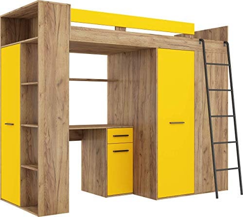 FurnitureByJDM Hochbett mit Schreibtisch, Kleiderschrank und Bücherregal - Loftbett für Kinder - Komplettes Möbelset 236x120x190 cm - 90x200 cm Bettgröße - Rechte Leiter - VERANA - (Craft Gold/Gelb)