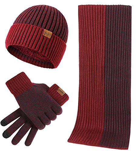 LumiSyne Winter 3 In 1 Mütze Schal Handschuh Sets Für Herren Damen Mode Einfache Zweifarbige Jacquard Touchscreen Handschuhe Beanie Strickmütze Langer Schal Verdickte Und Weiche Wolle