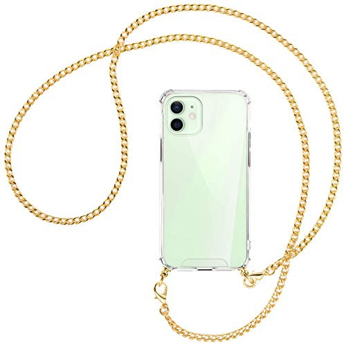 mtb more energy® Handykette kompatibel mit iPhone 12, 12 Pro (6.1'') - Metallkette (Gold) - Smartphone Hülle zum Umhängen - Anti Shock Strong TPU Case
