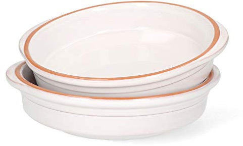 MamboCat Cazuela Tonschale Ille 2-er Set 20,5cm Größe L 600ml I Auflaufform mit Griff I rund backofengeeignet I Keramik Antik Geschirr I Pasta Servierschale Ofen Kasserolle I weiß glasiert