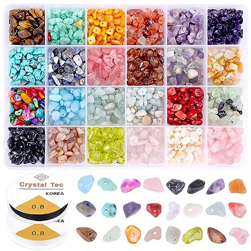 Jodimitty Edelstein Perlen zum Auffädeln 24 Farben Armbänder Selber Machen 5-8mm Perlenset Bastelset Erwachsene DIY Schmuck Gemstone, mit 2 Rolle Kristallseil 0.8mm, etwa 35 Stück/Gitter