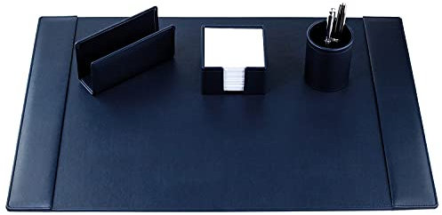 DELMON VARONE - Schreibtischset 4-teilig im veganen Kunstleder Blau - Büroset mit Schreibtischunterlage, Briefständer, Zettelkasten & Stifteköcher - Bürobedarf Set für Schreibtisch edel & modern