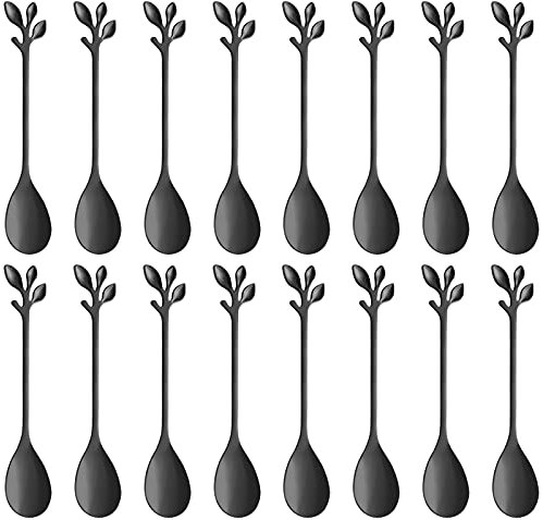 AnSaw Kaffeelöffel-Set, 16 Stück, 11,9 cm, kreative schwarze Blätter, Dessertlöffel, Premium-Edelstahl in Lebensmittelqualität, spiegelnde Oberfläche und spülmaschinenfest (schwarz, 16)
