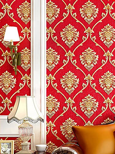 9.5X0.53M Vintage European Gold Damask Waterproof Matt Textured PVC Wallpaper Roll for Bedroom Livingroom 1.73' W x 31.2' L=5.035㎡ (54sq.ft) (Red)