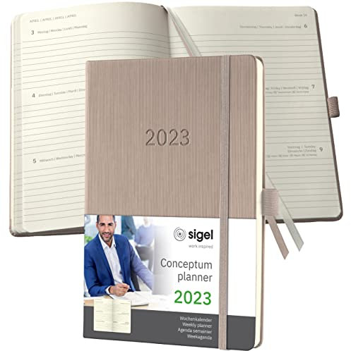 SIGEL C2360 Terminplaner Wochenkalender 2023 - ca. A5 - taupe - Hardcover - 192 Seiten - Gummiband, Stiftschlaufe, Archivtasche - PEFC-zertifiziert - Conceptum