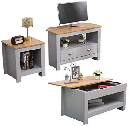 Homemade Deisgn FurnitureHMD Living Room 3 Piece Set TV Cabinet 2 Doors TV Stand Lift-up Top Coffee Table with Hidden Compartment Lamp Table Small Side Table (Set F)
