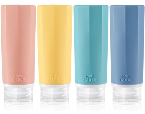 Opret Botellas de Viaje Silicona 4 Pack, Botes Rellenables Viaje de 100ml a Prueba de Fugas para Gel, Champús, Lociones y Artículos de Tocador, FDA Certificado Sin BPA