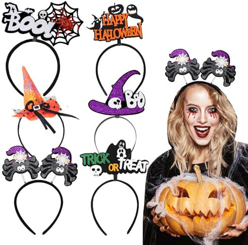 Halloween Stirnband Set - 6 Stück Filz Haarschmuck Mit Hexenhut, Totenkopf-Haarreifen Und Kürbis Dekoration