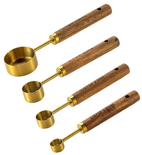 Hwtcjx 4 pcs Cucchiai Dosatori, Misurini Cucina in Acciaio Inox, Misurini Cucina Set, Cucchiai Graduati Measuring Spoons Cucchiaio Dosatore con Manico in Legno per Dolci Ingredienti Cottura (Oro)