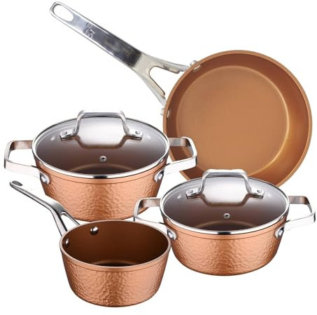 Colección Origen: set de 1 Cazo 16 cm, y 2 Cacerolas con tapa de vidrio, 20 y 24 cm, y 1 Sartén 28 cm, aluminio forjado, aptas para inducción