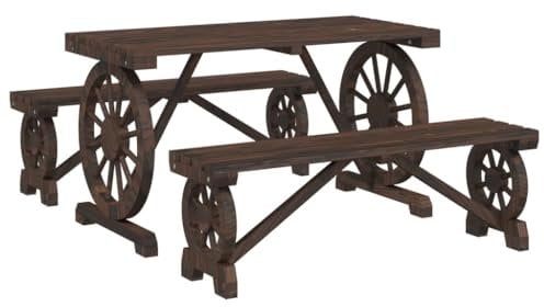 vidaXL Garten Essgruppe 3-TLG., Gartengarnitur mit Wagenräder-Design, Sitzgruppe für Garten Terrasse, Gartentisch Bänke Gartenmöbel, Landhausstil, Massivholz Tanne