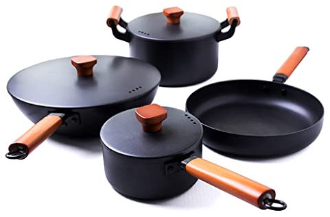 Juego de utensilios de cocina, olla de hierro fundido de 7 piezas, sartén sin recubrimiento para el hogar, juego de inducción antiadherente, adecuado para utensilios de cocina Característica: (Co