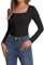 SHAPERIN Damen Oberteil Eckiger Ausschnitt Langarm Unterhemd Langarmshirt Elegant Bluse Einfarbige T-Shirt Top, Schwarz, S
