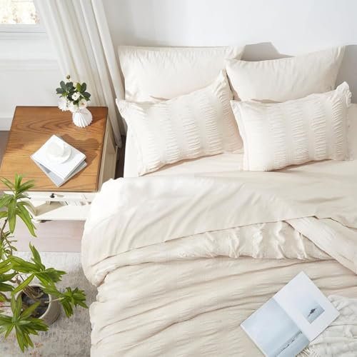 Freyamy Seersucker Kissenbezug 80x80cm 2er Set Beige Geprägt Streifen Strukturiert Chic Kopfkissenbezug Gebürstet Microfaser Weiche Kissenhülle Bequem Kissenbezug mit Reißverschluss