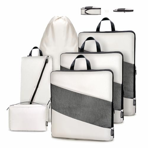 Carttiya Koffer Organizer Kompression Set, Packwürfel Set Kompression Ihres Reisegepäcks, Compression Packing Cube, Komprimierbaren Packwürfeln zur Organisation Packtaschen Set (Elfenbein, 6 Stück)