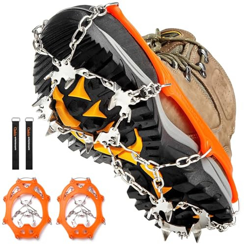 Grödel Steigeisen für Bergschuhe mit 19 Zähne Verdickte Schuhkrallen aus Edelstahl Anti-Rutsch Schuhspikes für Mann Frau Erwachsene Kinder Fit für Wandern Trail Running (Orange,M)