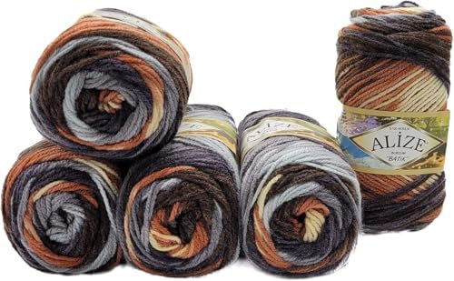 500 Gramm Ilkadim Export Burcum Batik Wolle mehrfarbig mit Farbverlauf, 5 x 100 Gramm Acryl Strickwolle bunt (Braun Beige Grau usw 7942)