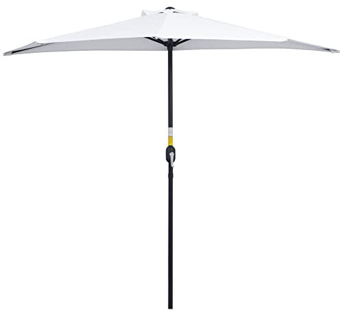 Outsunny Ombrellone Mezzaluna da Parete e Muro 2.6 x 1.35 m, Ombrellone da Giardino con Apertura a Manovella e 5 Stecche, Ombrellone a Semicerchio con Palo a 2 Sezioni, Bianco