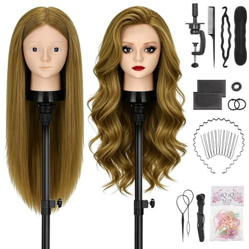 TwoWin 61cm Tête à Coiffer 80% Cheveux Naturels, 24 pouces Tête de Coiffure | Tête Mannequin Coiffure avec Support de Pince de Table + Kit Tressage (Marron Clair)