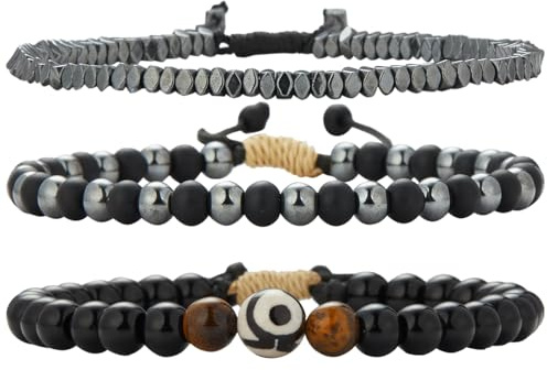 Dazylleco 3 Stück Perlenarmband für Herren Naturstein Armband Schwarz Edelstahl Leather Armkette Armband Verstellbare Schmuck Set Herren Geschenk Vatertag für Männer