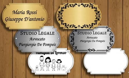 Targa Porta Ingresso Personalizzabile Oro, Argento o Bianco - Nome, Indirizzo, Famiglia, Design a Scelta, Targhetta Fuoriporta Laser Incisa (MODELLO 4)
