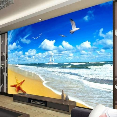 Blauer Himmel Weiße Wolken Meer Strand Seesterne 3D Tapeten Tapete Luxus Home Esszimmer Fototapete Effekt Wohnzimmer Schlafzimmer Kinderzimmer-430cm×300cm