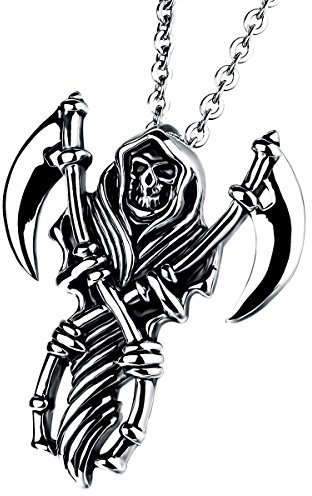 Cupimatch Edelstahl Totenkopf Azrael Sichel Anhänger mit 55cm Kette, Tod Schädel Halskette für Herren, schwarz silber, Halloween Geschenk