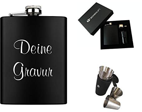 Schmalz® Flachmann-Set schwarz 7-teilig aus Edelstahl inklusive Gravur Geschenkverpackung Stamperl Etui Schnapsbecher Einfülltrichter Lasergravur