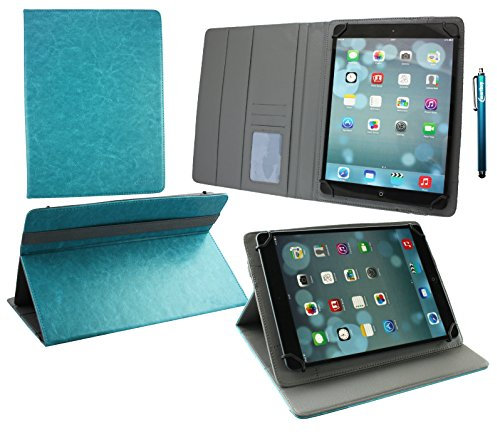 Emartbuy Universal 9.1 Inch - 10.5 Inch Turquoise Multi Angle Folio Wallet Case Cover With Card Slots Grey Interior Grey Elastic Strap and Stylus Pen Compatible With Selected Devices Listed Below
