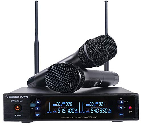Sound Town Metal 200 Channels UHF Wireless Microphone System with 2 Handheld Microphones and Auto Scan, for Church, School.