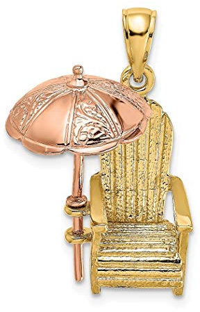 14 Karat zweifarbiges Gold, 3D-Strandkorb mit rosa Regenschirm (Adirondack-Stil), Charm-Anhänger, Halskette, Maße: 23,25 x 16,9 mm breit, 13,25 mm dick, Schmuck für Damen, Gelbgold