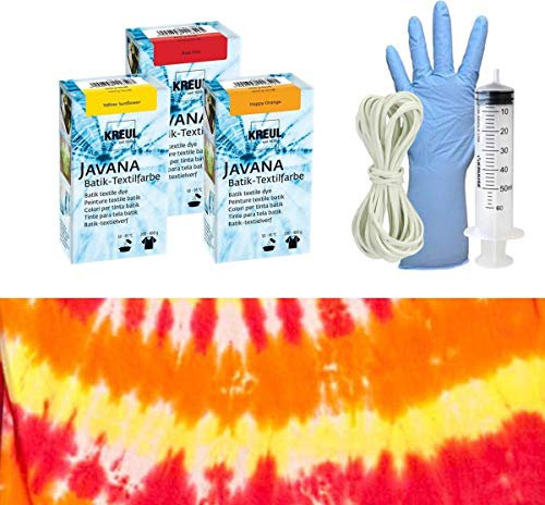 Javana Batikfarben-Set – Batik-Textilfarbe, Set mit 3 Farben, 70 ml, Batikfarbe, Gummibänder, Handschuhe und leere Spritze.