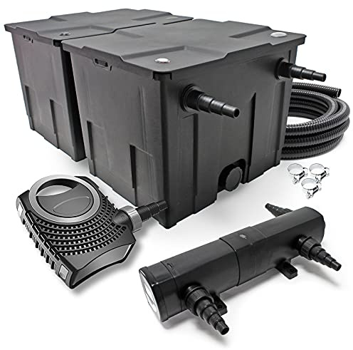SunSun Komplettset: CBF-350B Teichfilter bis 60000 L Teichfilteranlage Durchlauffilter, NEO6000 Teichpumpe 6000l/h 40W, CUV-224 Teichklärer 24W, 5m Teichschlauch 38 mm, Schlauchschellen W1 44-47mm