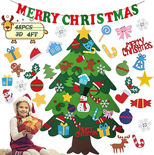 Albero di Natale in feltro 3D con bandiera di Natale, albero di Natale per bambini fai da te con 48 ornamenti di Natale staccabili decorazione da parete per albero di Natale regali per Capodanno,