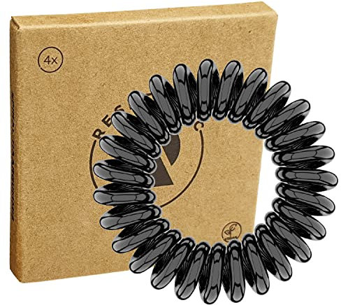 Reskthetic - hochwertige Spiral Haargummi (schwarz), schonend zum Haar, nachhaltig, umweltfreundlich, (Telefonkabel, Zopfgummis) für Mädchen & Frauen/Damen (4 x 4 cm)