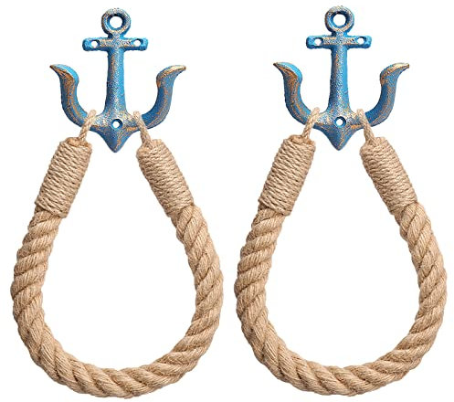 Toilettenpapierhalter mit nautischem Seil, Wandmontage, Handtuchring, nautischer Toilettenpapierhalter mit Metallhaken, Küstenhandtuchhalter, natürliches antikes Seil (blau + blau), 2 Stück