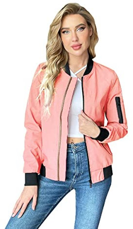 YUNCLOS Veste Bomber Légère Femme Jacket Court Poches Blouson Vintage Motard Zippée,Rose,XL