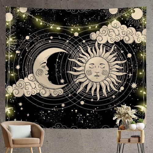 Arawat Wandteppich Sonne Mond Wandtuch Schwarz Gold Wandteppich Mond Sonne Wanddeko Psychedelic Teppich Gothic Wandteppiche Trippy Tapestry Wandtuch Wandbehang Boho Wand Deko (150 x 130cm)