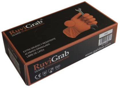 Ruvigrab - Gant de travail jetable en nitrile diamant orange | Haute résistance | Gants pour mécanique, ateliers, industrie, construction et chimie | Sans latex | 50 unités |
