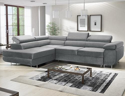 Sofa mit Schlaffunktion und Bettkasten - Ecksofa fur 3 Personen - Avesta - Bequem Schlafsofa - L-Form - Modern Couch 277x203x73 cm - Ecke Links - Grau - MODERNO
