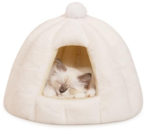 ALLSOPETS Hundehöhlenbett Katzenhöhle Igloo-Nest mit Abnehmbarem Waschbarem Kissen, Kuscheliges Warmes Haustierzelt für Kleine bis Mittelgroße Hunde und Katzen (Schneeweiß, M)