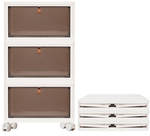 UHAPEER Faltbare Aufbewahrungsbox mit Deckel, 3-Lagen Stapelbare Ordnungsboxen, Stapelboxen mit Magnetisch Türen und Rädern, Groß Kiste Aufbewahrung, Schuhboxen Schuhkarton