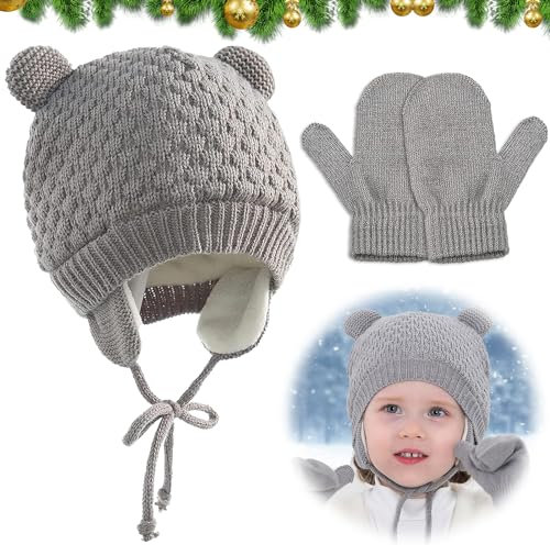 TZQFROCE Baby Wintermütze Babymütze Neugeborene Unisex Neugeborene Baby Mütze und Handschuhe Set Warmer Strickmützen Baby Mütze Winter Kindermützen für 0-36 Monate Jungen Mädchen - Grau