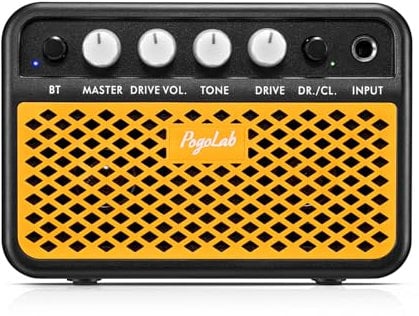 Mini Guitar Amp, POGOLAB 2 x 5 W Portable Electric Guitar Amplifier with Clean & Overdrive Effects, Rechargeable Battery, BT Wireless, Headphone Jack, Compact GuitarAmplifiers for Practice Party