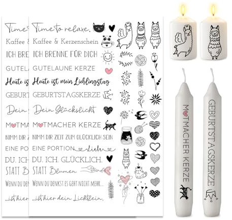 ALLAVA 2 Stück Kerzentattoos Sprüche A4, Kerzentatoo Sprüche, Wasserschiebefolie Kerzen, Kerzensticker Kerzenfolie für Kerze Tasse DIY Geschenk, Kerzen Dekorieren, Kerzensprüche, Unparfümiert