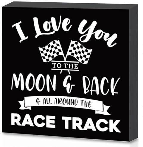 I Love You To The Moon And Back And All Around The Race Track Desk Decor Wooden Block Sign Racing Checkered Flags Decor, Wall Art Sign Boys Room Shelf Table Decor(6×6 Inch)
